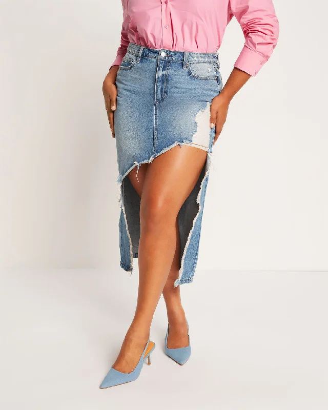 Sayra Distressed High Low Denim Midi Skirt