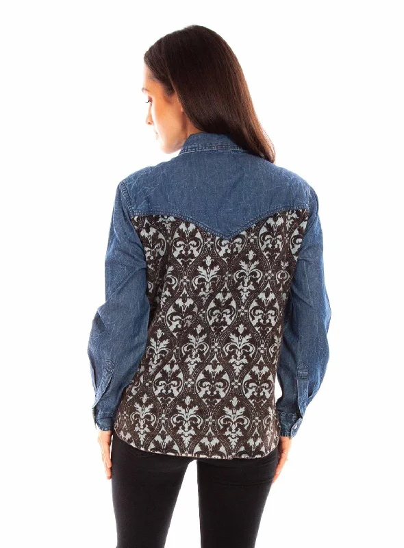 Scully Womens Jacquard Back Denim 100% Cotton L/S Blouse