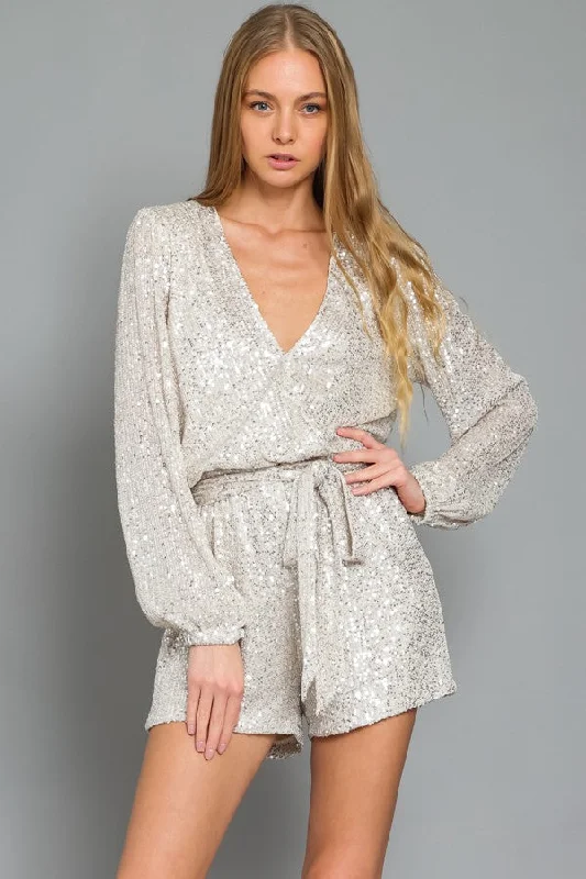 Silver Long Sleeve Sequin Romper