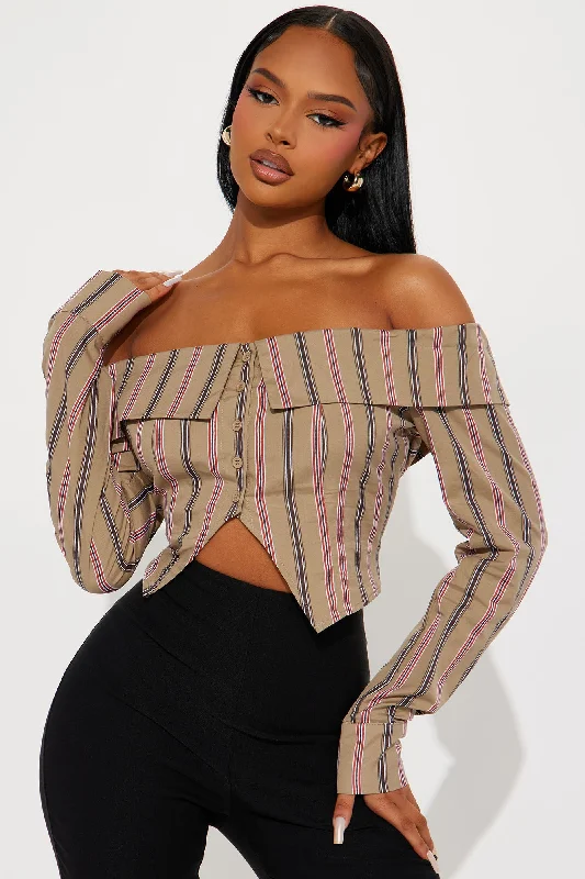 Solve It Striped Blouse Top - Taupe/combo