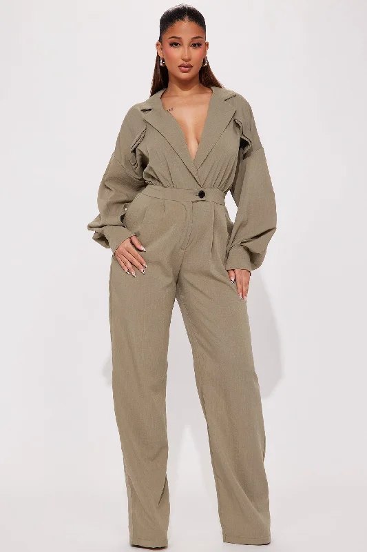 Straight To Business Linen Jumpsuit - Olive