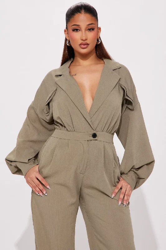 Straight To Business Linen Jumpsuit - Olive