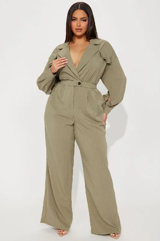 Straight To Business Linen Jumpsuit - Olive