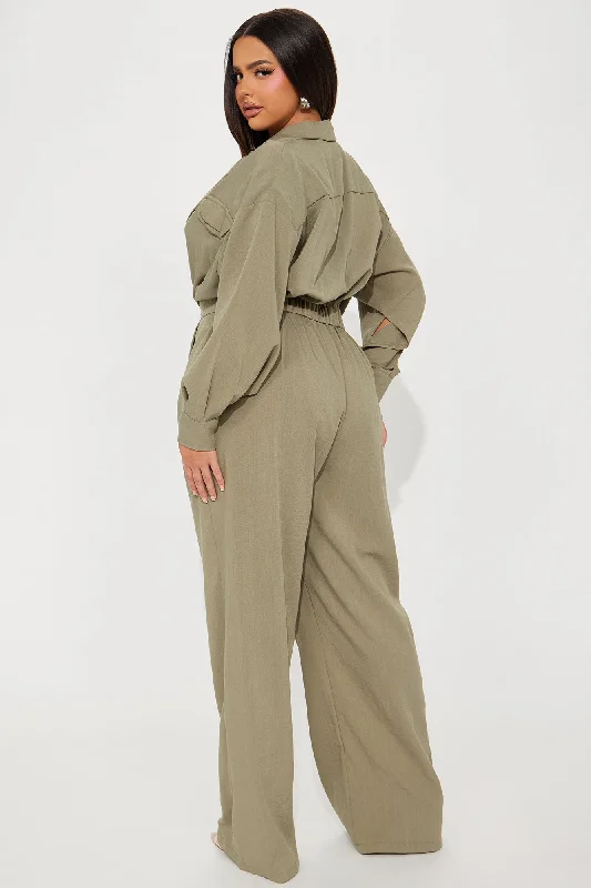 Straight To Business Linen Jumpsuit - Olive