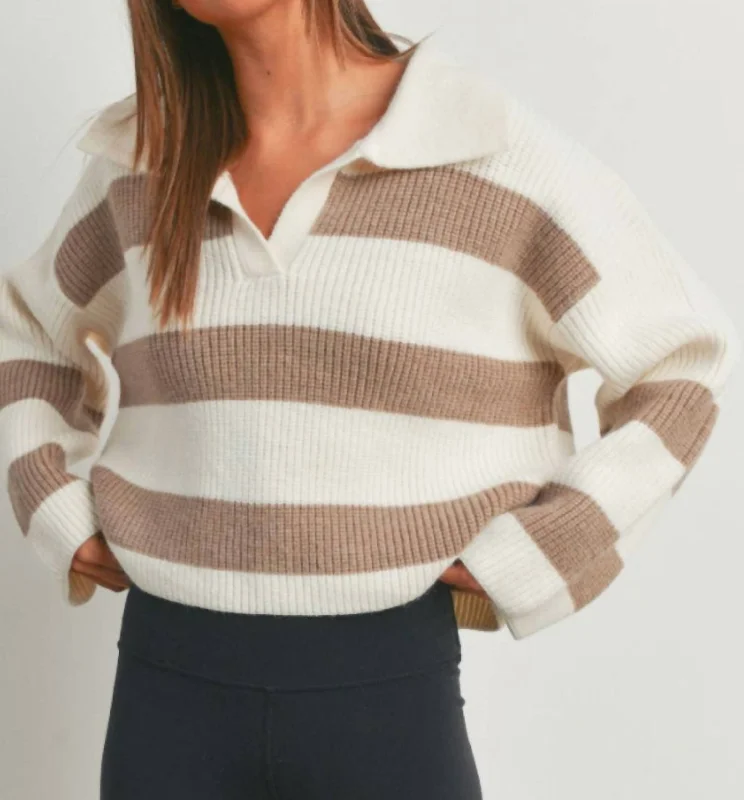 Striped Wide Collar Sweater In Ivory/taupe