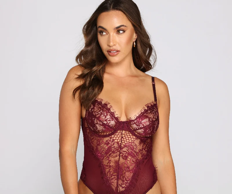 Sultry-Chic Eyelash Lace Bustier Bodysuit