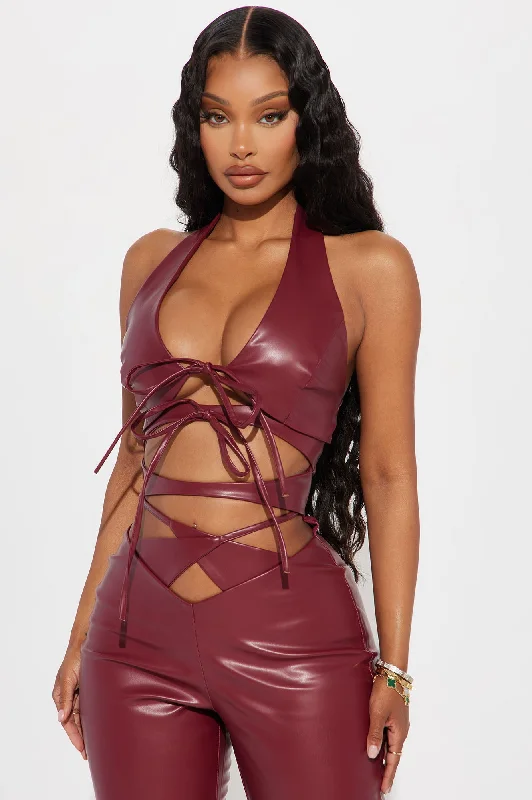 Super Down Faux Leather Jumpsuit - Burgundy