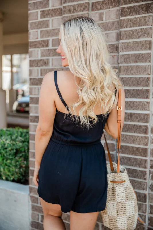 Take A Minute Black Solid Tie Waist Romper