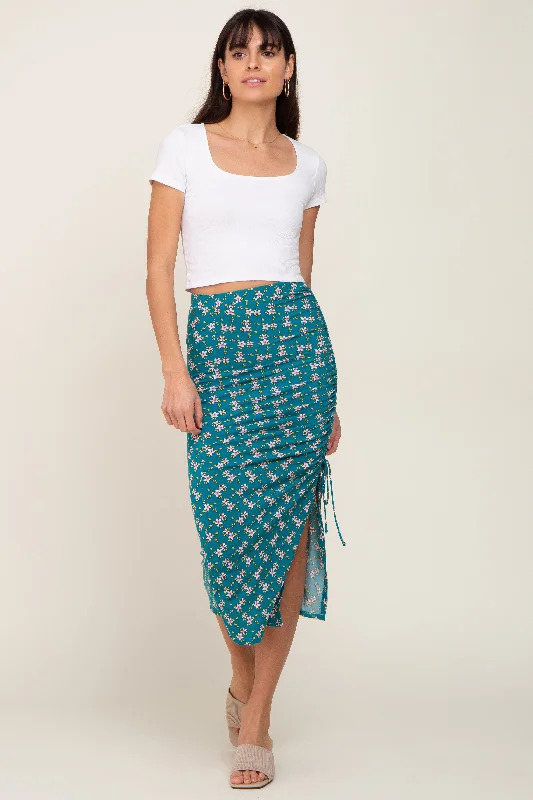 Teal Floral Ruched Slit Midi Skirt