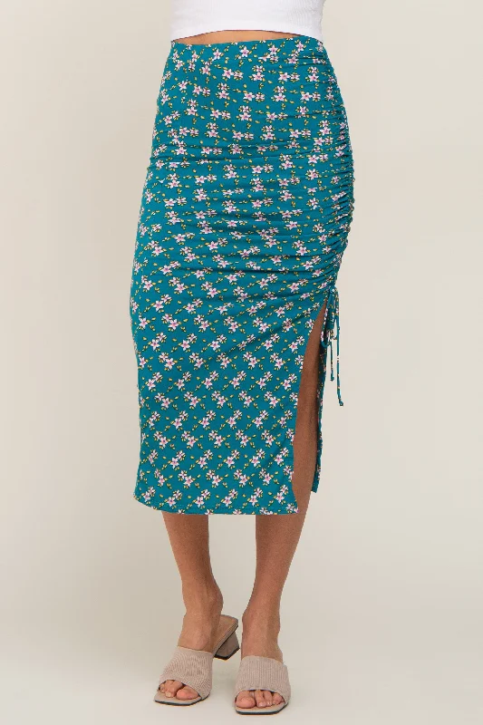 Teal Floral Ruched Slit Midi Skirt