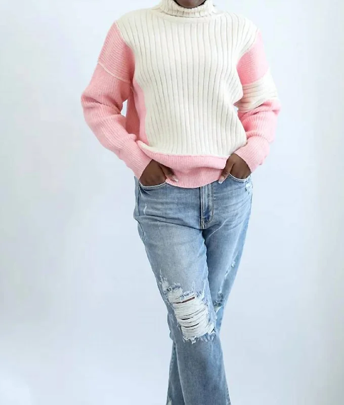 Turtle Neck Pullover Sweater In Pink Multi