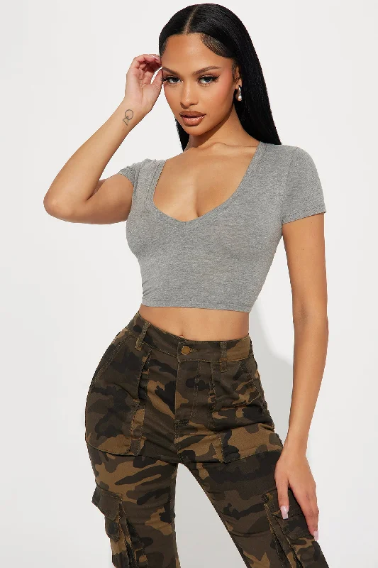 Veronica V-Neck Crop Top - Heathered Grey