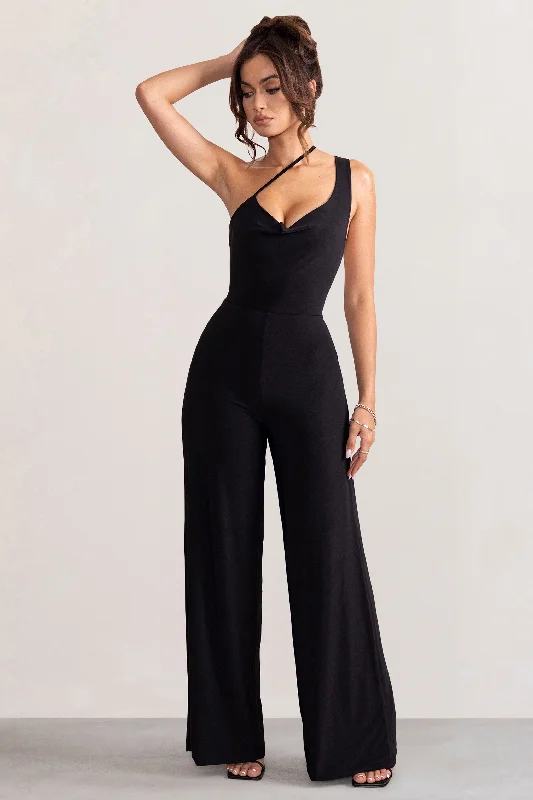 Vienna | Black Asymmetric Cowl Neck Wide Leg Jumpsuit With Open Back Detail