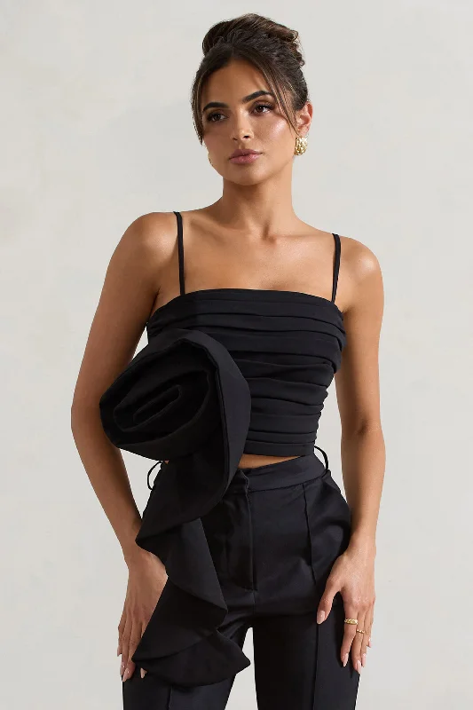 Whirlwind | Black Strappy Top With Oversized Ruffle Detail