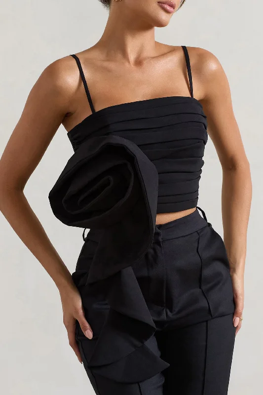 Whirlwind | Black Strappy Top With Oversized Ruffle Detail