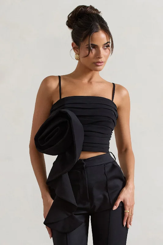 Whirlwind | Black Strappy Top With Oversized Ruffle Detail