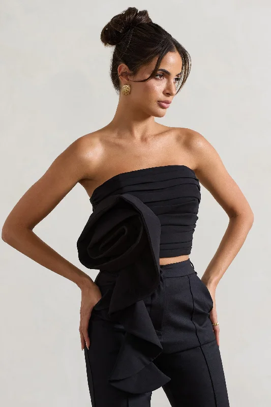 Whirlwind | Black Strappy Top With Oversized Ruffle Detail