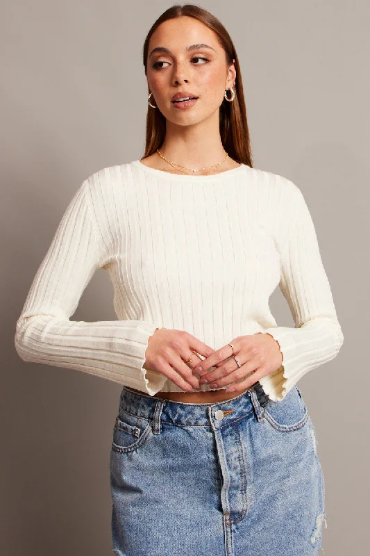 White Crop Jumper Boat Neck Long Sleeve