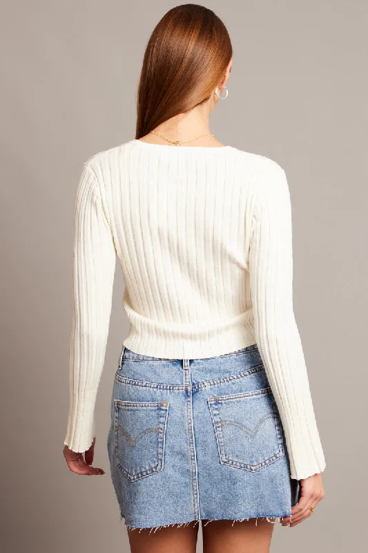 White Crop Jumper Boat Neck Long Sleeve