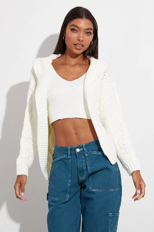 White Hooded Cable Knit Cardigan