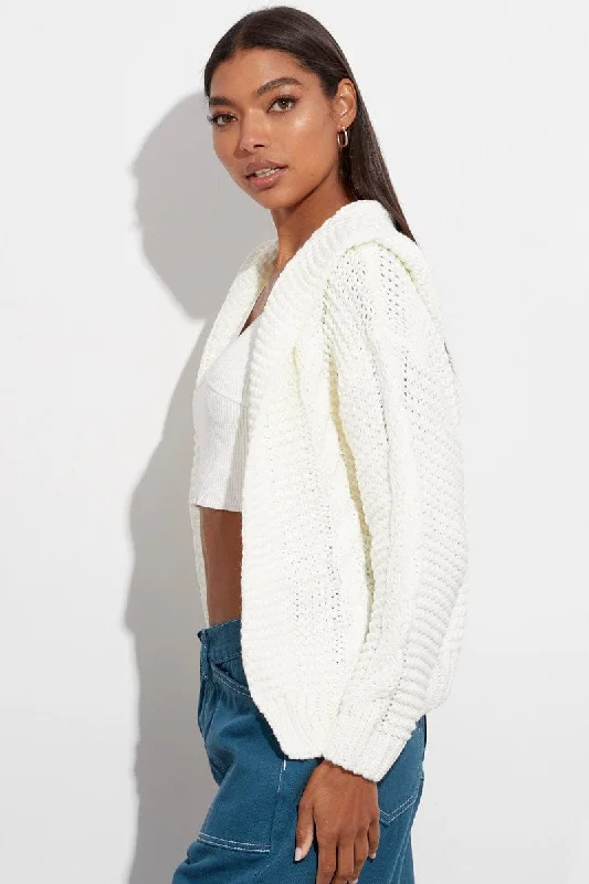 White Hooded Cable Knit Cardigan