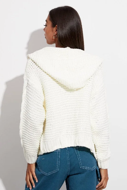 White Hooded Cable Knit Cardigan