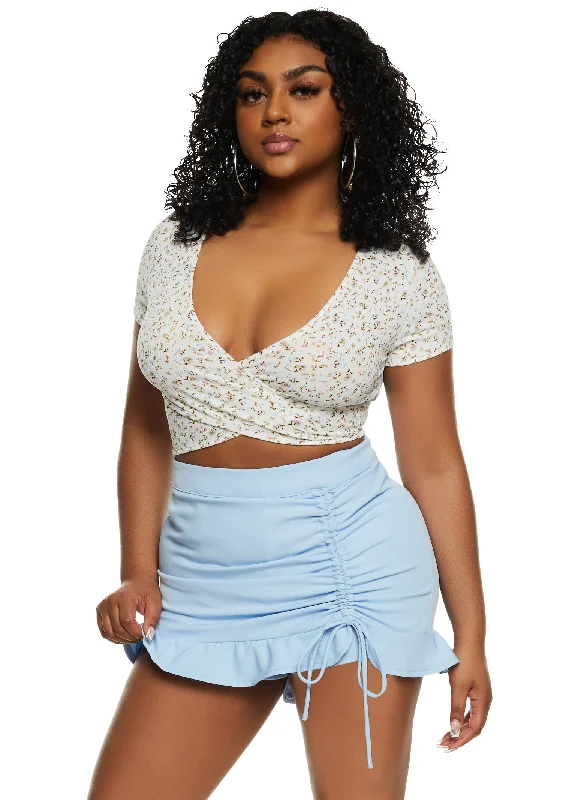 Ribbed Floral Print Twist Front Crop Top