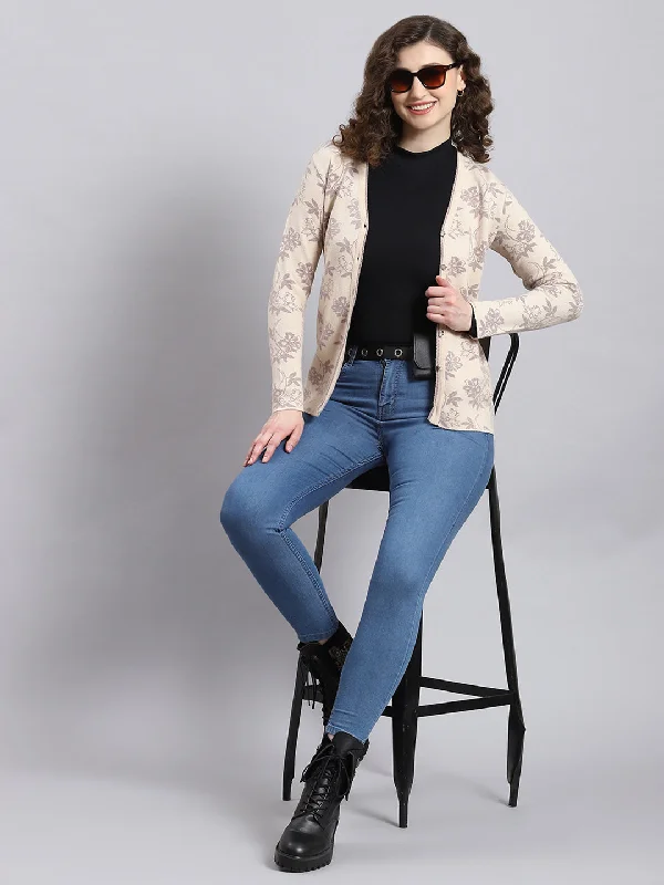 Women Beige Self Design V Neck Full Sleeve Cardigan