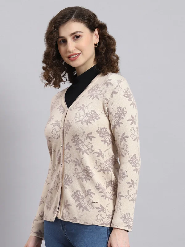 Women Beige Self Design V Neck Full Sleeve Cardigan