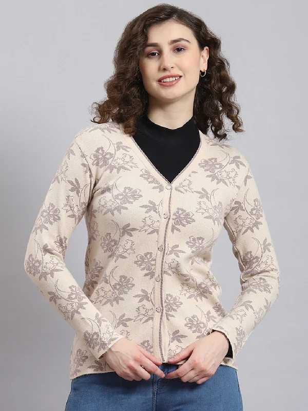 Women Beige Self Design V Neck Full Sleeve Cardigan