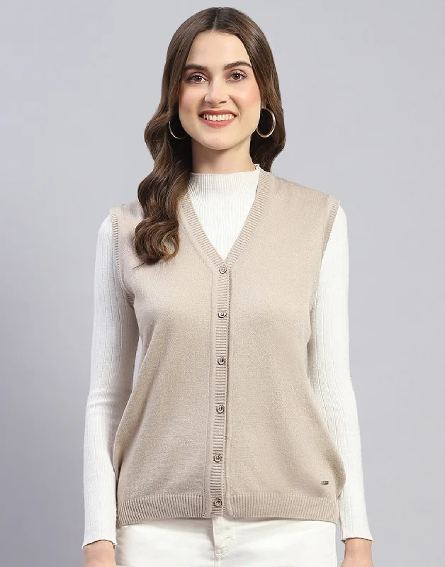 Women Beige Solid V Neck Sleeveless Cardigan