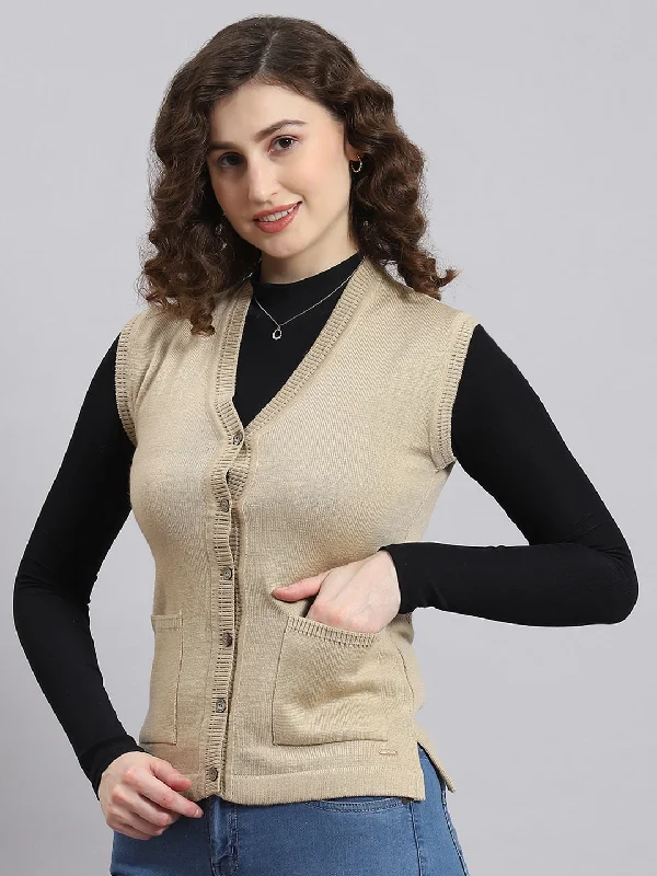 Women Beige Solid V Neck Sleeveless Cardigan