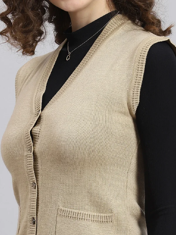 Women Beige Solid V Neck Sleeveless Cardigan