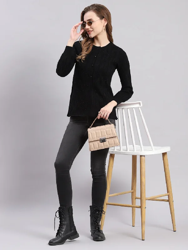 Women Black Self Design Round Neck Full Sleeve Cardigans