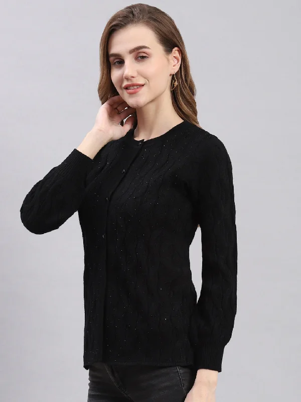 Women Black Self Design Round Neck Full Sleeve Cardigans