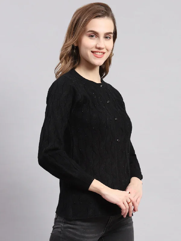 Women Black Self Design Round Neck Full Sleeve Cardigans