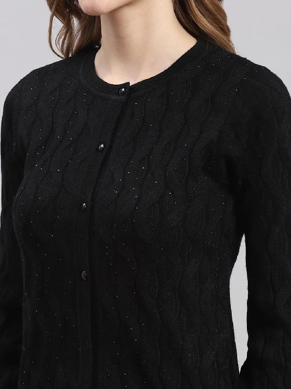 Women Black Self Design Round Neck Full Sleeve Cardigans