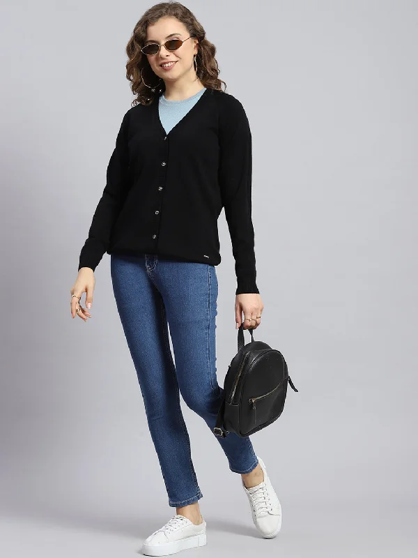 Women Black Solid V Neck Full Sleeve Cardigans