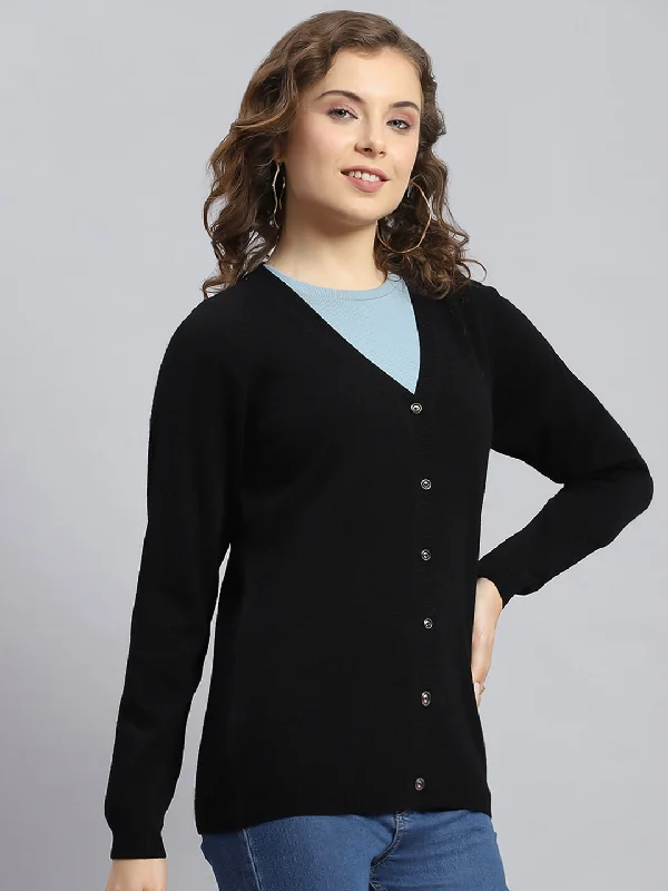 Women Black Solid V Neck Full Sleeve Cardigans