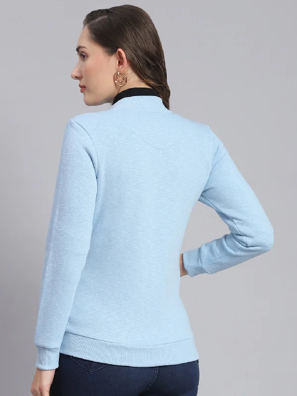 Women Blue Solid Mandarin Collar Full Sleeve Sweatshirts