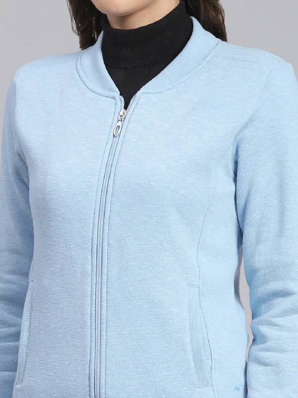 Women Blue Solid Mandarin Collar Full Sleeve Sweatshirts