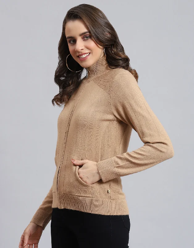 Women Brown Solid H Neck Full Sleeve Cardigan