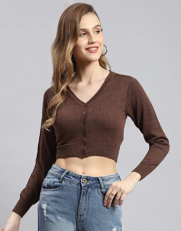 Women Brown Solid V Neck Full Sleeve Blouse