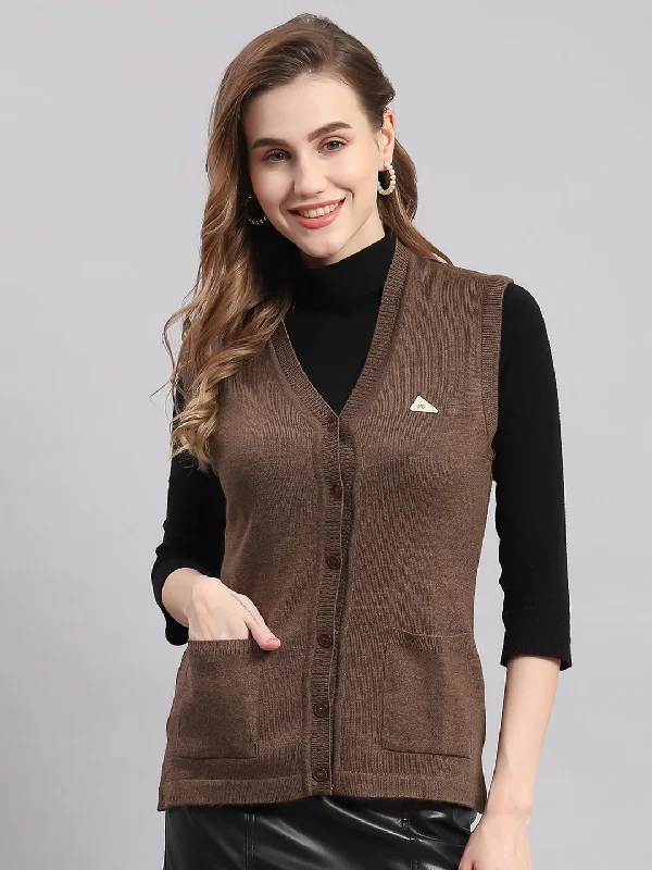 Women Brown Solid V Neck Sleeveless Cardigans