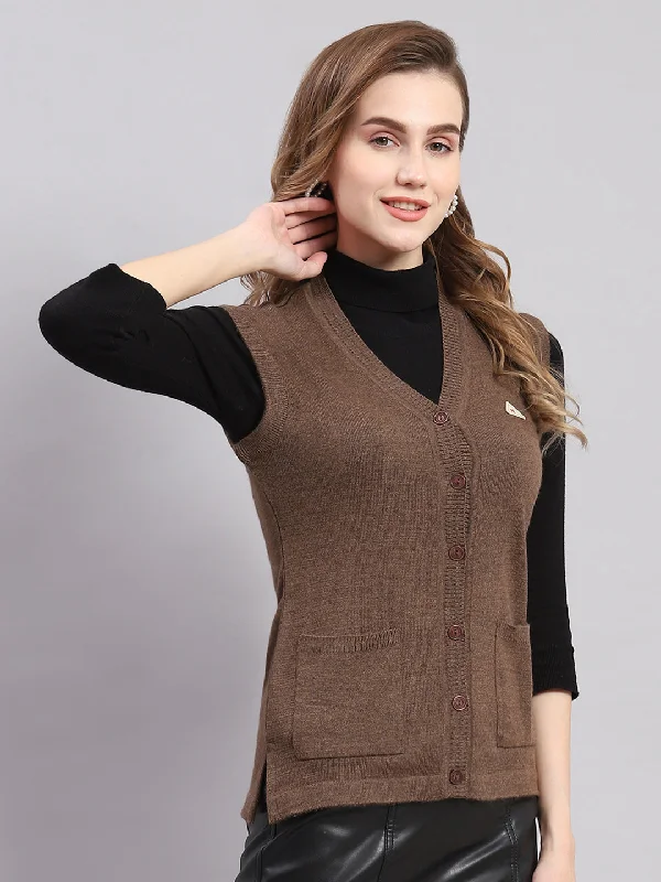 Women Brown Solid V Neck Sleeveless Cardigans