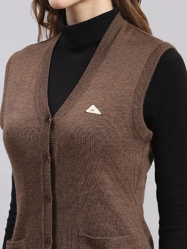 Women Brown Solid V Neck Sleeveless Cardigans