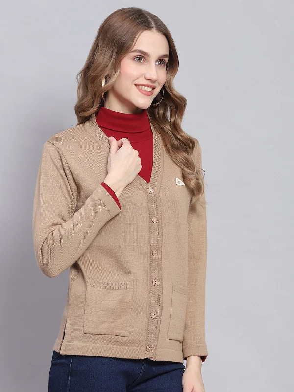 Women Camel Brown Solid V Neck Full Sleeve Cardigans