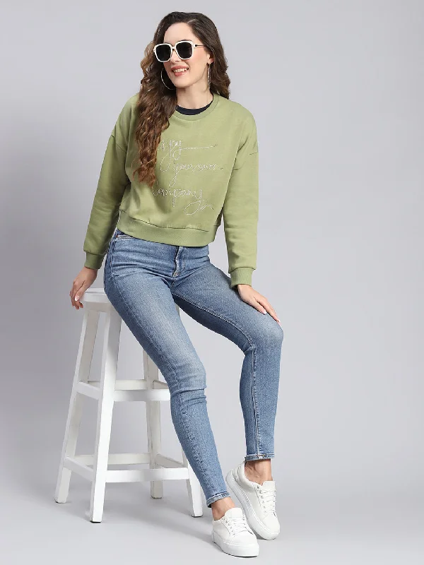 Women Green Embroidered Round Neck Full Sleeve Sweatshirts