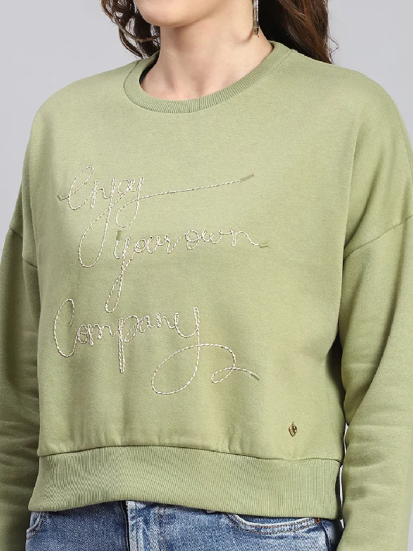 Women Green Embroidered Round Neck Full Sleeve Sweatshirts