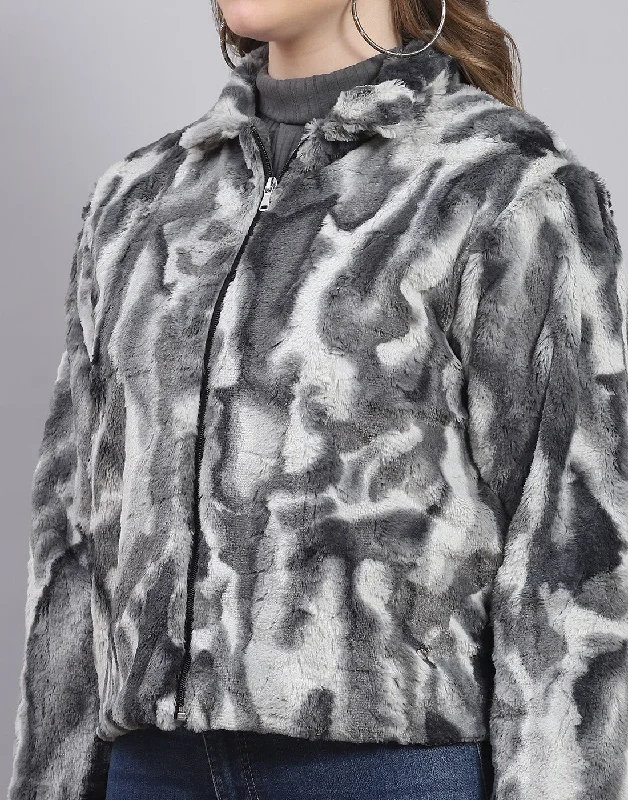 Women Grey Printed Stand Collar Full Sleeve Jacket